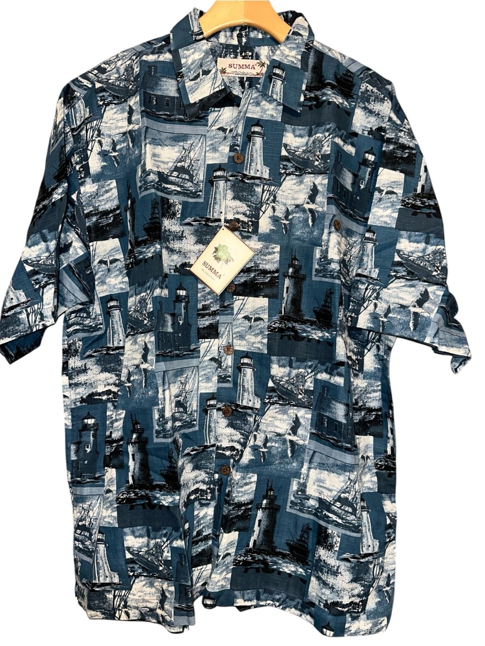 Summa NWT Men’s Size XL Blue Lighthouse Nautical Print Button Down Shirt